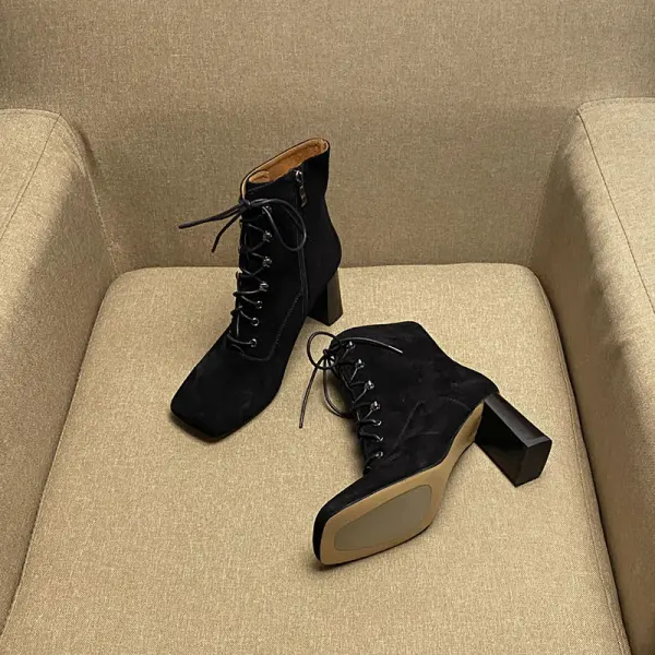 Enkel Høst Aprikos Casual Ankel Kvinners støvler 2020 Lær 7 cm Tykk Hæler Firkantetå Boots