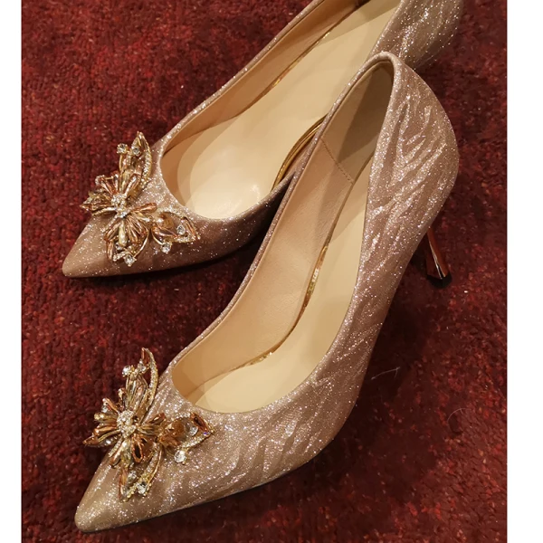 Charmant Champagner Kristall Brautschuhe 2020 Leder Strass Pailletten 10 cm Stilettos Spitzschuh Hochzeit Pumps