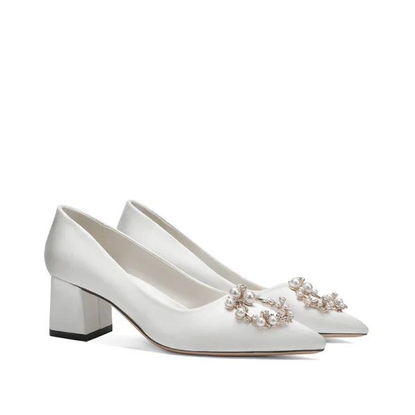 Lovely Chic / Beautiful Ivory Wedding Shoes 2020 Leather Pearl Rhinestone 5 cm Thick Heels Pointed Toe Wedding Pumps
