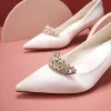 Elegant Ivory Satin Wedding Shoes 2020 Rhinestone 5 cm Stiletto Heels Pointed Toe Wedding Pumps