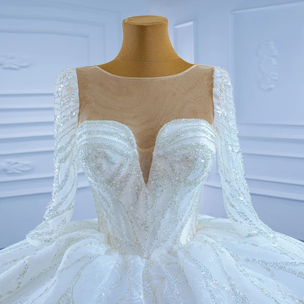 High-end Luxury / Gorgeous Ivory Beading Crystal Sequins Wedding Dresses 2021 Ball Gown Scoop Neck 3/4 Sleeve Cathedral Train Wedding