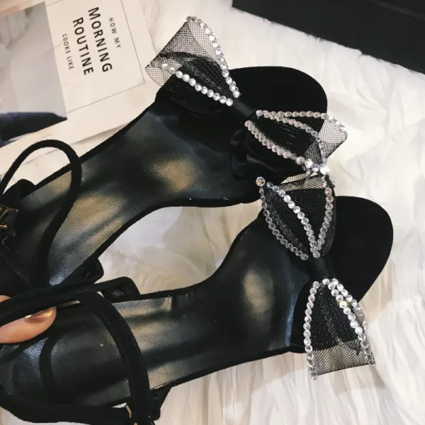 Charmant Noire Cocktail Sandales Femme 2020 Faux Diamant Noeud Cuir 12 cm Talons Aiguilles Peep Toes / Bout Ouvert Sandales
