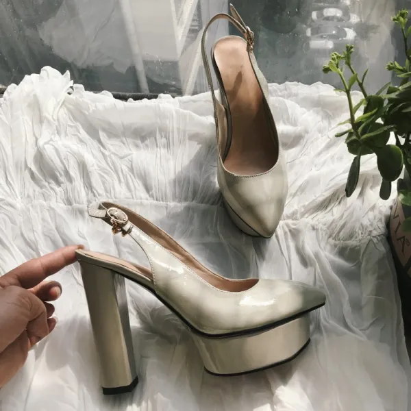Piękne Białe Przypadkowy Slingback Sandały Damskie 2020 Skórzany 12 cm Grubym Obcasie Szpiczaste Sandały