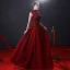 Chinese style Burgundy Evening Dresses  2018 A-Line / Princess Beading Crystal Pearl Lace Flower High Neck Backless Sleeveless Sweep Train Formal Dresses
