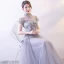 Chinese style Grey Evening Dresses  2018 A-Line / Princess Lace Appliques Crystal Pearl Sequins High Neck Backless Short Sleeve Floor-Length / Long Formal Dresses