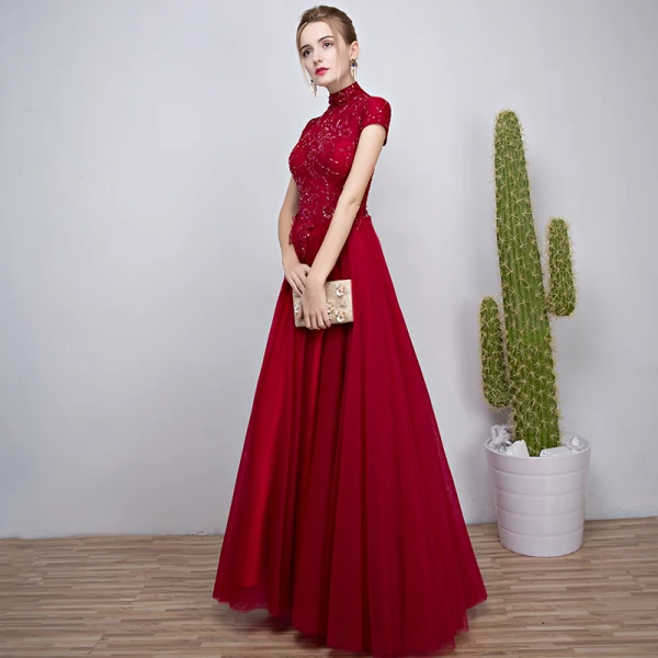 Chinese style Burgundy Evening Dresses 2018 A-Line / Princess Beading Crystal Sequins High Neck Short Sleeve Floor-Length / Long Formal Dresses