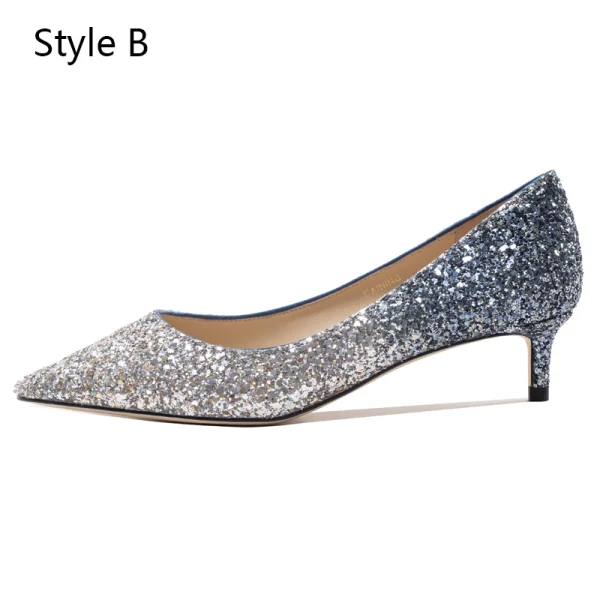 Glitzernden Farbverlauf Silber Abend Pumps 2020 Leder Pailletten 4 cm Stilettos Low Heel Spitzschuh Pumps
