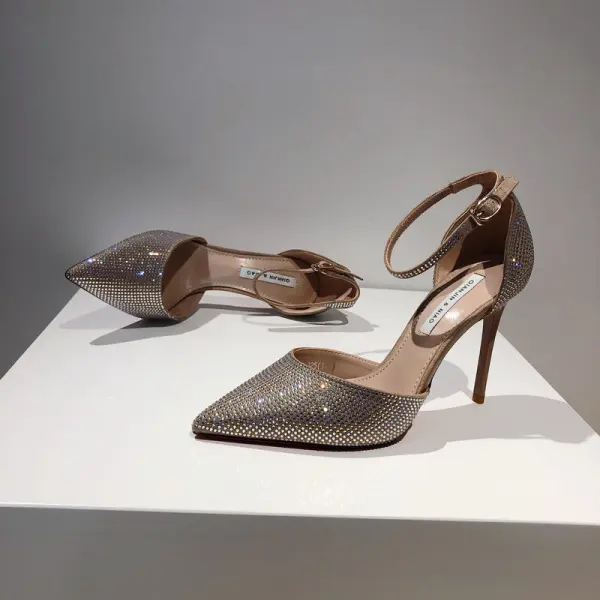 Charming Tan Evening Party Rhinestone Womens Sandals 2020 Ankle Strap 10 cm Stiletto Heels Pointed Toe Sandals