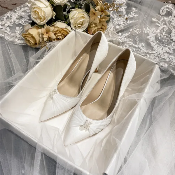 Elegant Ivory Satin Pearl Wedding Shoes 2021 8 cm Stiletto Heels Pointed Toe Wedding Pumps High Heels
