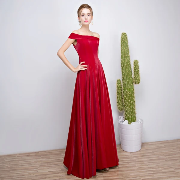 Modest / Simple Burgundy Evening Dresses 2018 A-Line / Princess Off-The-Shoulder Backless Sleeveless Floor-Length / Long Formal Dresses