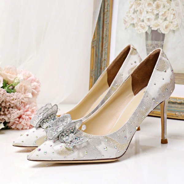 Chic / Beautiful White Satin Wedding Shoes 2020 Butterfly Embroidered Rhinestone 8 cm Stiletto Heels Pointed Toe Wedding Pumps
