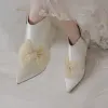 Elegant Winter Ivory Ankle Womens Boots 2020 Leather Bow 5 cm Stiletto Heels Pointed Toe Wedding Boots