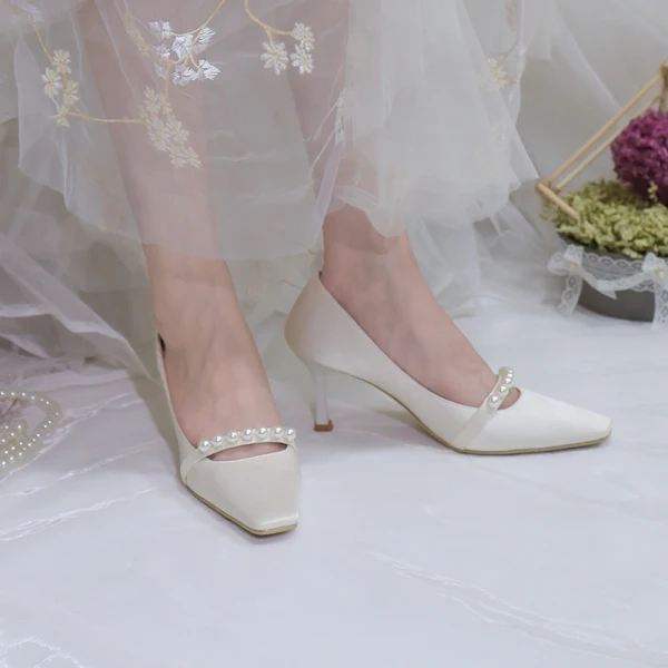 Chic / Beautiful Ivory Pearl Wedding Shoes 2020 7 cm Stiletto Heels Pointed Toe Wedding Pumps