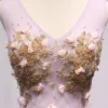 Elegant Lilac Prom Dresses 2018 A-Line / Princess Appliques Beading Sequins V-Neck Backless Sleeveless Floor-Length / Long Formal Dresses