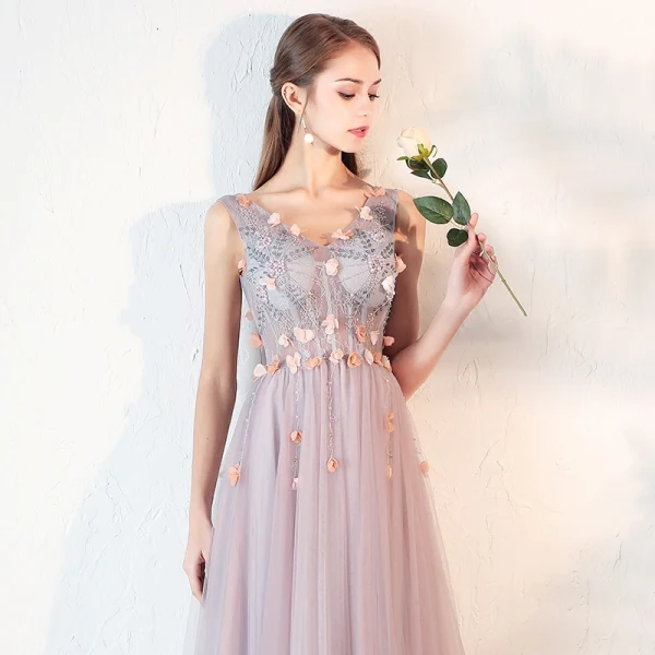 Chic / Beautiful Lavender Prom Dresses 2018 A-Line / Princess Lace Appliques Beading Crystal V-Neck Backless Sleeveless Floor-Length / Long Formal Dresses