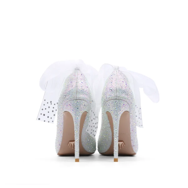 Luxury / Gorgeous Silver Rhinestone Wedding Shoes 2020 Leather Pearl Bow 10 cm Stiletto Heels Pointed Toe Wedding Pumps