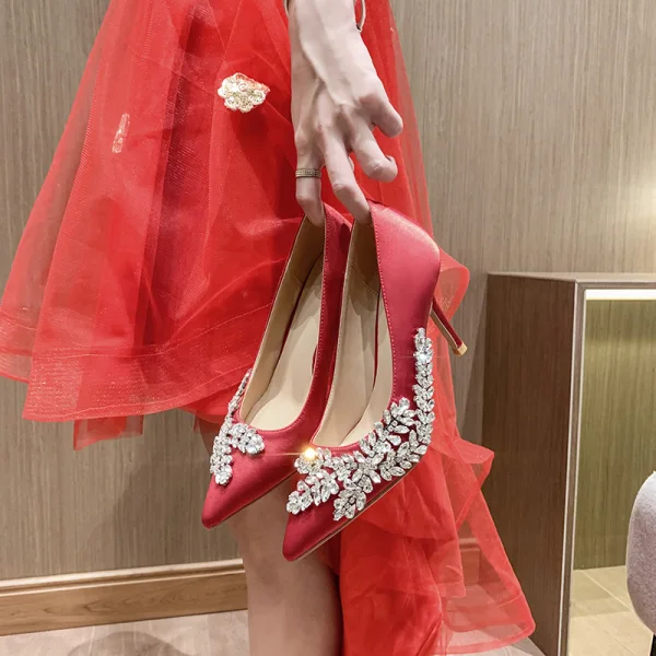 Chic / Beautiful Ivory Evening Party Rhinestone Pumps 2020 Leather 8 cm Stiletto Heels Pointed Toe Pumps