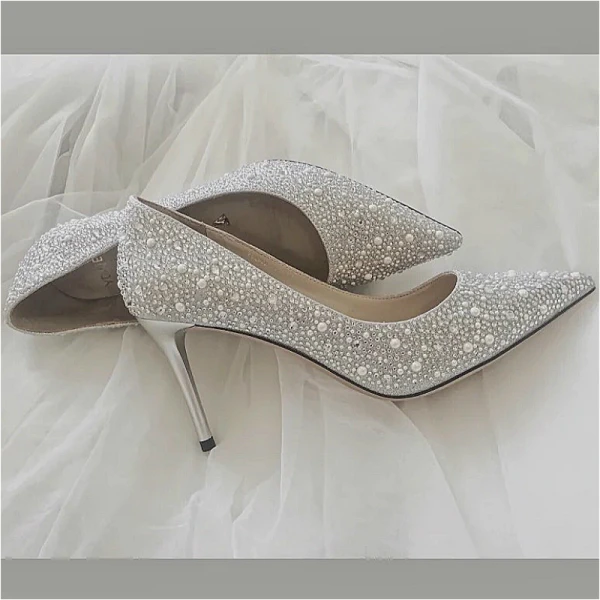 Charming Sparkly Gold Rhinestone Pearl Wedding Shoes 2020 7 cm Stiletto Heels Pointed Toe Wedding Pumps