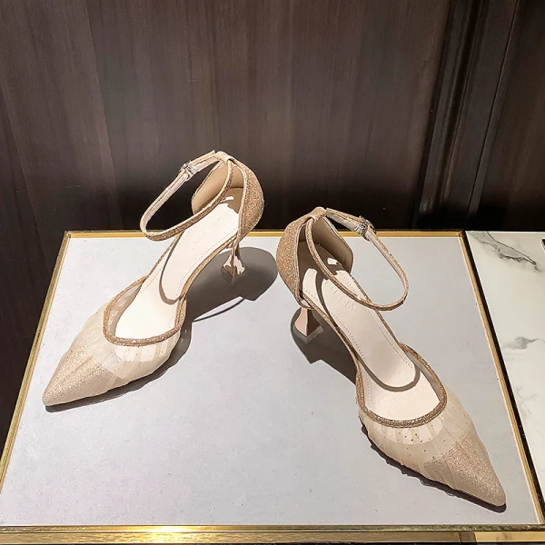 Sexy Champagne Evening Party Womens Sandals 2020 Ankle Strap Sequins 8 cm Stiletto Heels Pointed Toe Sandals