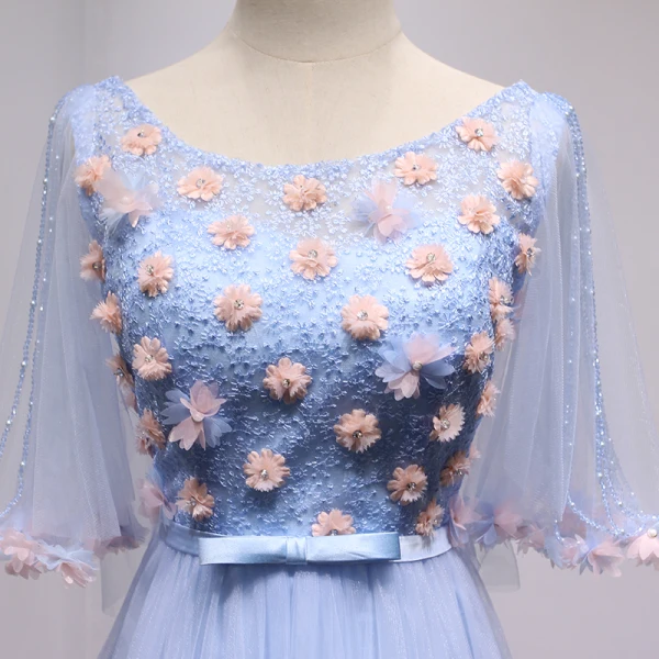 Chic / Beautiful Sky Blue Prom Dresses 2018 A-Line / Princess Appliques Bow Rhinestone Scoop Neck Backless 1/2 Sleeves Floor-Length / Long Formal Dresses