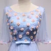Chic / Beautiful Sky Blue Prom Dresses 2018 A-Line / Princess Appliques Bow Rhinestone Scoop Neck Backless 1/2 Sleeves Floor-Length / Long Formal Dresses