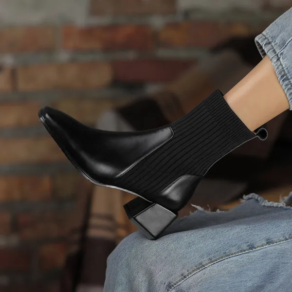 Chic / Beautiful Black Street Wear Knitting Womens Boots 2020 Leather 5 cm Thick Heels Square Toe Boots