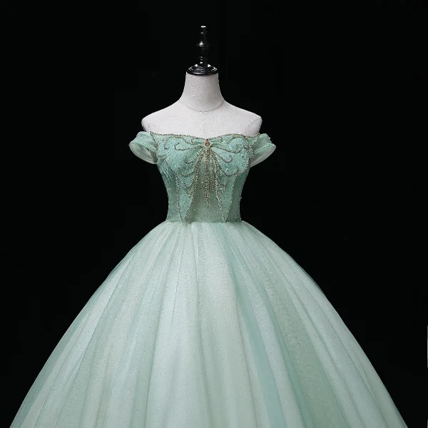 Elegant Sage Green Sequins Prom Dresses 2022 Ball Gown Off-The-Shoulder Sleeveless Rhinestone Butterfly Beading Backless Pearl Floor-Length / Long Formal Dresses