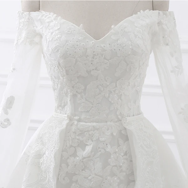 Chic / Belle Robe Boule Robe De Mariée 2017 Manches Longues Appliques Paillettes En Dentelle Trompette / Sirène Détachable Chapel Train