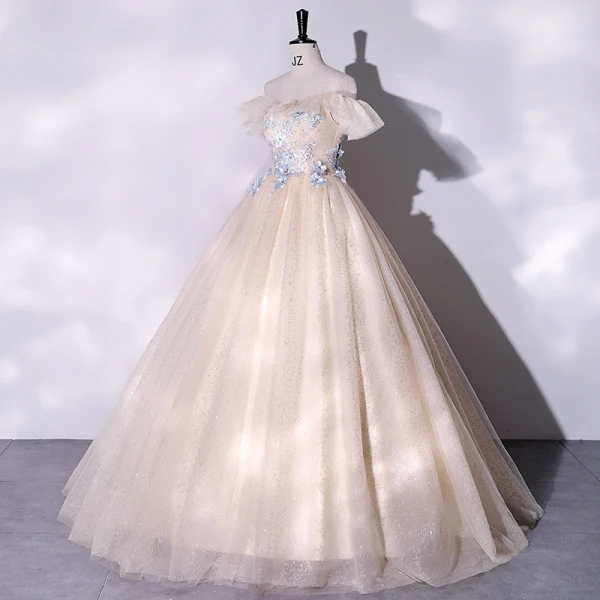 Elegant Champagne Prom Dresses 2022 Ball Gown Off-The-Shoulder Pearl Lace Flower Short Sleeve Floor-Length / Long Formal Dresses