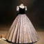 Elegant Black Printing Prom Dresses 2023 Ball Gown Square Neckline Short Sleeve Backless Bow Floor-Length / Long Formal Dresses