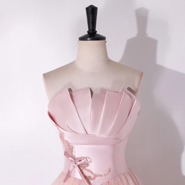 Lovely Blushing Pink Bow Beading Prom Dresses 2024 A-Line / Princess Strapless Sleeveless Backless Floor-Length / Long Prom Formal Dresses