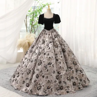 Élégant Noire Impression Robe De Bal 2023 Robe Boule Encolure Carrée Faux Diamant Manches Courtes Dos Nu Longue Promo Robe De Ceremonie