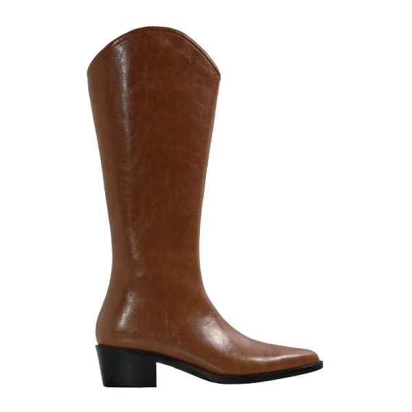 Fashion Beige Street Wear Mid Calf Womens Boots 2020 Leather 4 cm Thick Heels Low Heel Pointed Toe Boots
