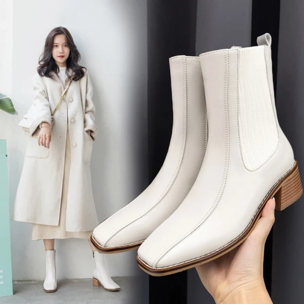 Modest / Simple Beige Casual Ankle Womens Boots 2020 Leather 5 cm Thick Heels Square Toe Boots