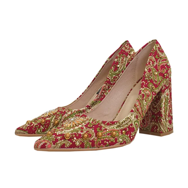 Style Chinois Rouge Faux Diamant Chaussure De Mariée 2020 9 cm Talons Épais À Bout Pointu Mariage Escarpins
