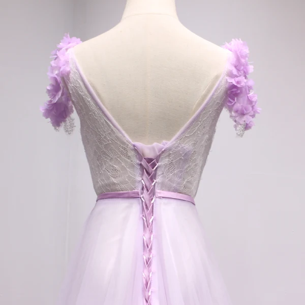 Chic / Belle Lilas Robe De Soirée 2018 Princesse En Dentelle Fleur Appliques Perlage Perle V-Cou Dos Nu Sans Manches Train De Balayage Robe De Ceremonie