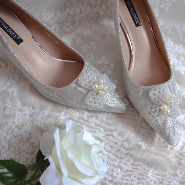 Elegant Vintage / Retro Silver Glitter Wedding Shoes 2020 Leather Crystal Pearl 5 cm Stiletto Heels Pointed Toe Wedding Pumps