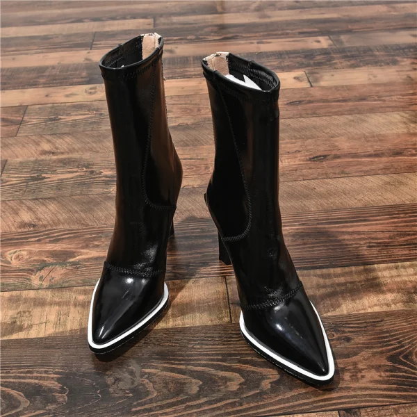 Fashion Winter Black Street Wear Mid Calf Womens Boots 2020 Leather 10 cm Stiletto Heels Pointed Toe Boots