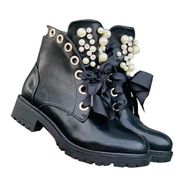 Mode Noire Vêtement de rue Bottines Bottes Femme 2020 Perle À Bout Rond Plate Bottes