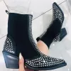Fashion Black Street Wear Ankle Womens Boots 2020 Suede Rivet 5 cm Thick Heels Pointed Toe Boots