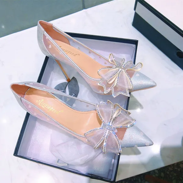 Uroczy Moda Srebrny Rhinestone Kokarda Buty Ślubne 2020 10 cm Szpilki Szpiczaste Ślub Czółenka