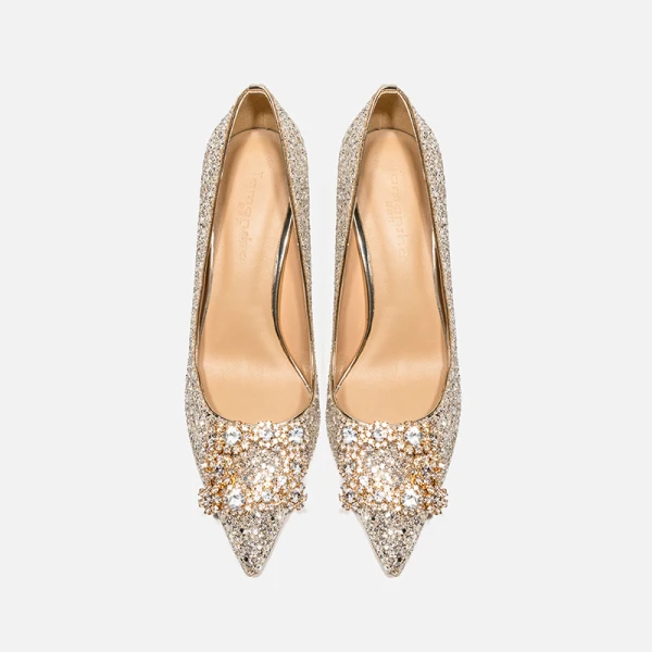 Glittrande Guld Rhinestone Paljetter Brudskor 2020 Läder 8 cm Stilettklackar Spetsiga Bröllop Pumps
