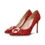 Chinese style Red Lace Wedding Shoes 2020 Pearl Rhinestone 10 cm Stiletto Heels Pointed Toe Wedding Pumps