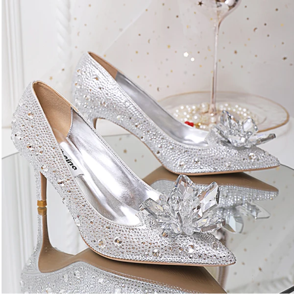 Charmant Sexy Argenté Cristal Chaussure De Mariée 2020 Faux Diamant 9 cm Talons Aiguilles À Bout Pointu Mariage Escarpins