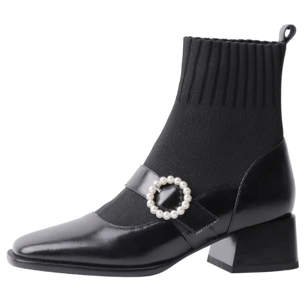 Charmant Vintage / Originale Noire Vêtement de rue Bottines Tricot Bottes Femme 2020 4 cm Talons Épais Talon Bas Pied Carré Bottes