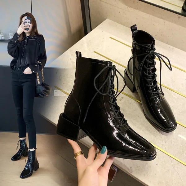 Mode Noire Vêtement de rue Bottines Bottes Femme 2020 4 cm Talons Épais Talon Bas À Bout Rond Bottes