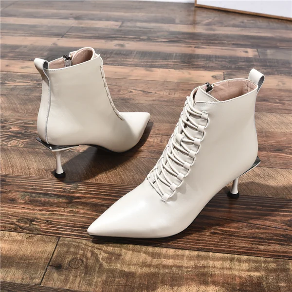 Fashion Black Street Wear Ankle Womens Boots 2020 Leather 7 cm Stiletto Heels Pointed Toe Boots