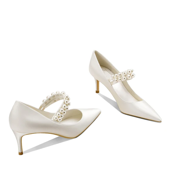 Elegant Ivory Satin Pearl Wedding Shoes 2020 8 cm Stiletto Heels Pointed Toe Wedding Pumps