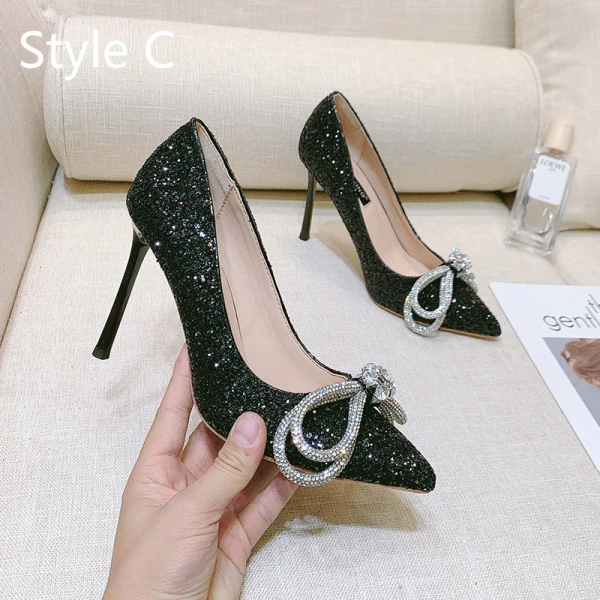 Scintillantes Argenté Faux Diamant Paillettes Chaussure De Mariée 2020 Cuir 8 cm Talons Aiguilles À Bout Pointu Mariage Escarpins