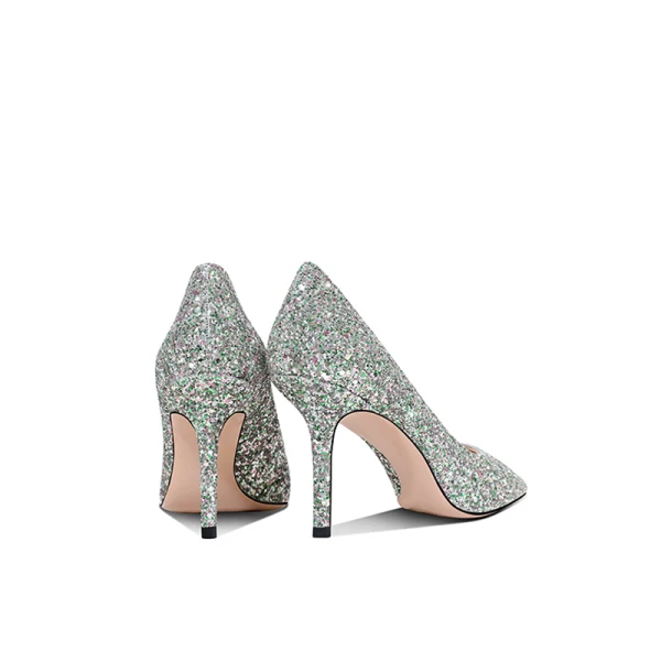Glittrande Silver Paljetter Brudskor 2021 Läder 8 cm Stilettklackar Spetsiga Bröllop Pumps Högklackade